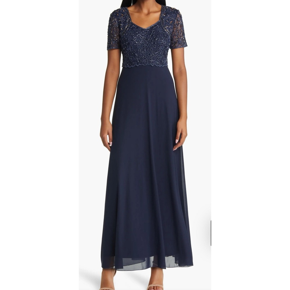 Pisarro Nights Navy Beaded Short-Sleeve Evening Gown